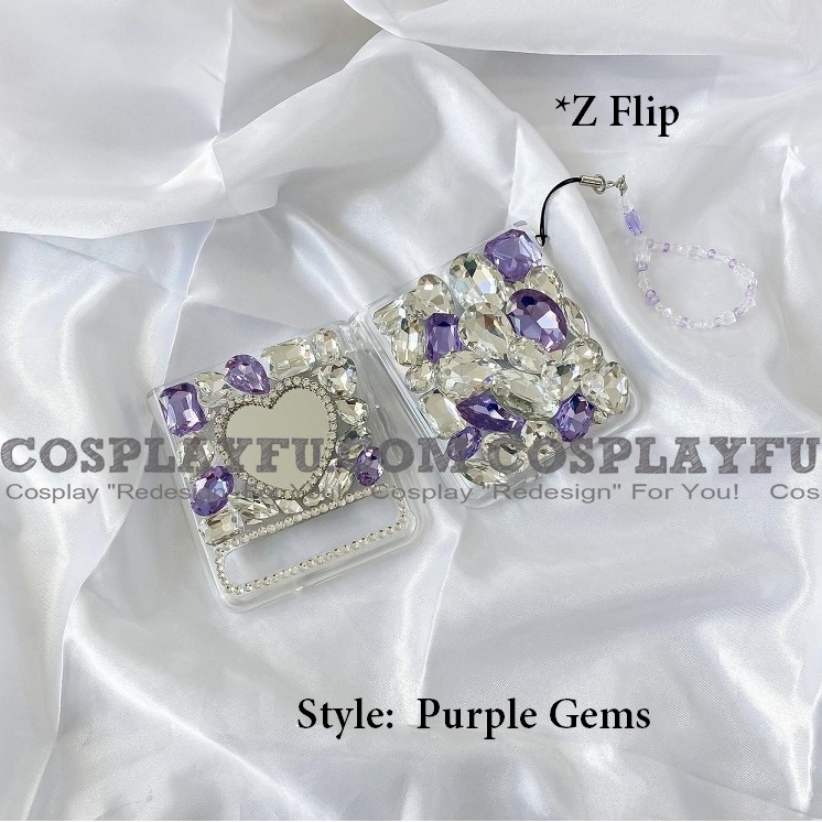 Handmade Cute Korean Glitters Pink Purple Gems 3d Love Heart Mirror With Chain Clear Phone Case For Samsung Galaxy Z Flip 5g And Z Flip 3 5g Cosplayfu Com