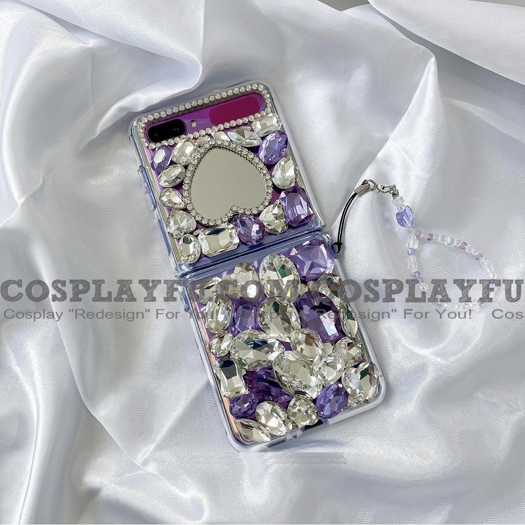 Handmade Cute Korean Glitters Pink Purple Gems 3d Love Heart Mirror With Chain Clear Phone Case For Samsung Galaxy Z Flip 5g And Z Flip 3 5g Cosplayfu Com